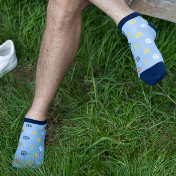Peace Light Blue And Retro Teal Men's Trainer Socks, 4 of 7