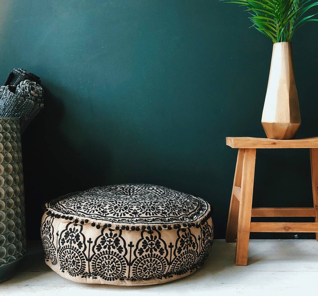 Black And Stone Embroidered Pouffe