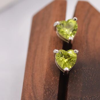 Natural Peridot Heart Stud Earrings Sterling Silver, 5 of 11