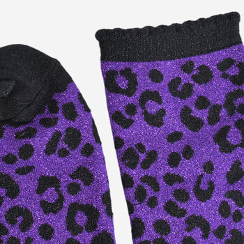 Women's Glitter Socks Purple Black Leopard Print, 5 of 5