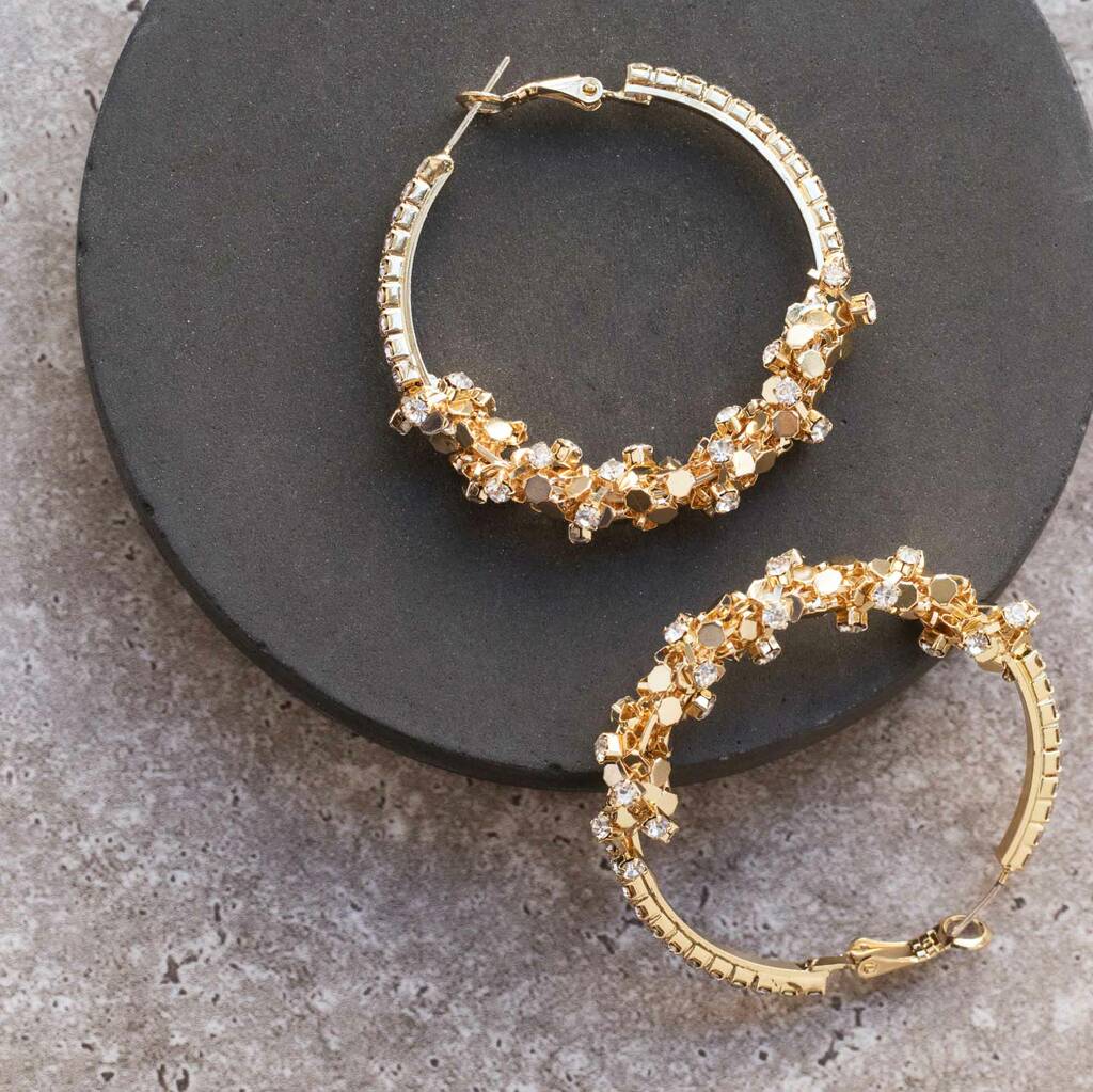 Gold Colour Crystal Encrusted Large Hoop Earrings, 1 of 2