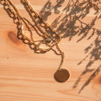 Disc Pendant Layered Gold Necklace With Three Chains, 9 of 9