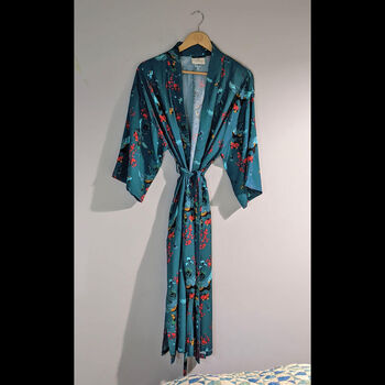 Crane Dance Teal Long Kimono ~ Japanese Inspired Bird And Flower Print Robe, 11 of 11