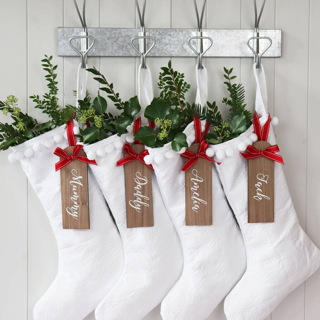 Pure White Santa Stocking With Personalised Wooden Tag, 1 of 11