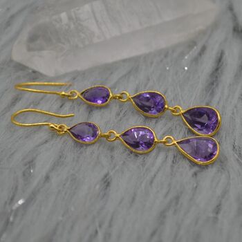 Amethyst Gold Plated Silver Drop Earrings, 2 of 8