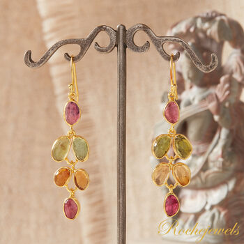 Multicoloured Tourmaline Pebble Shaped Leaf Drop Gold Earrings, 8 of 11