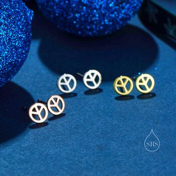 Tiny Peace Symbol Stud Earrings In Sterling Silver, 7 of 11