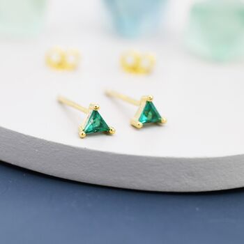 Tiny Emerald Green Cz Triangle Stud Earrings, 4 of 10