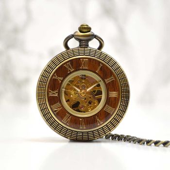 Bronze Engraved Gents Pocket Watch With Wood Inlay, 2 of 4