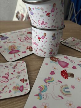 Kids Personalised Fairy And Unicorn Placemat, Coaster And Mug Dinner Set, 6 of 10