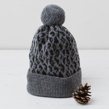 Lambswool Knitted Leopard Pom Pom Hat, 3 of 12