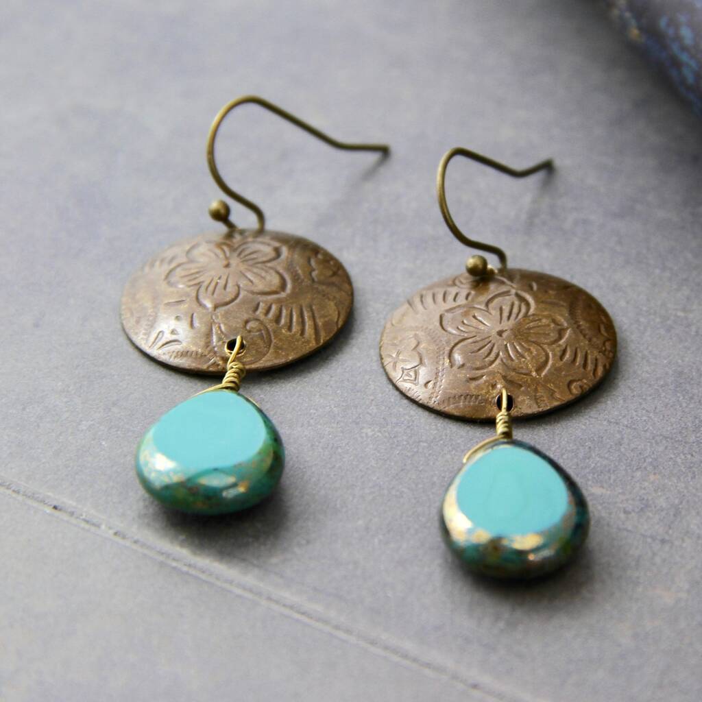 Etched Bronze Disc Turquoise Earrings By Vintage Lane ...