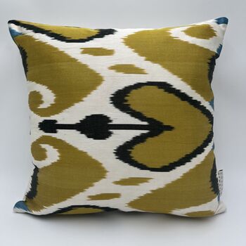 Square Ikat Silk Cushion Ochre And Blue Heart, 9 of 11
