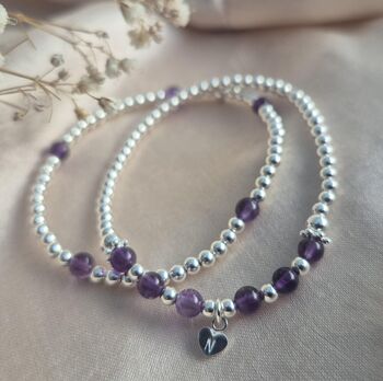 Sterling Silver February Amethyst Personalised Heart Bracelet Set Of Two Stacking Bracelets: February Birthstone Stacking Jewellery, 2 of 5