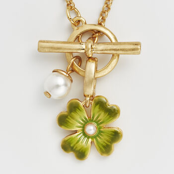 Gold Lucky Clover And Pearl Toggle Necklace, 3 of 8