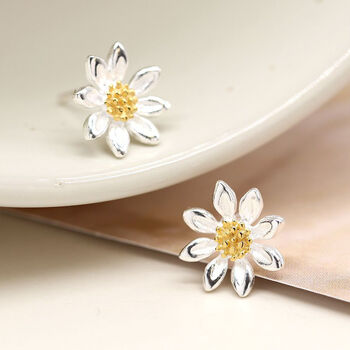 Two Tone Daisy Flower Stud Earrings In Sterling Silver, 3 of 12