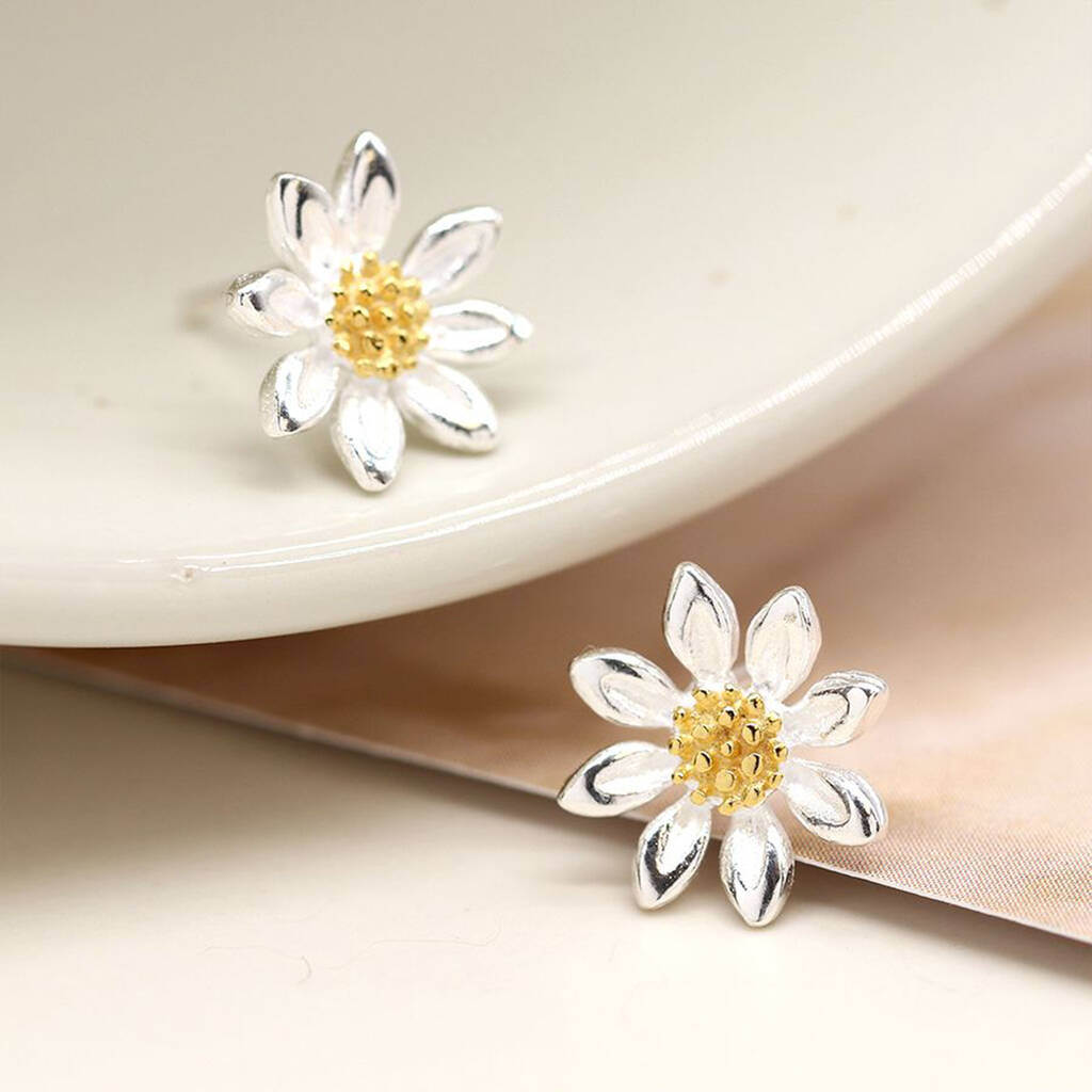 Two Tone Daisy Flower Stud Earrings In Sterling Silver By Songs of Ink ...