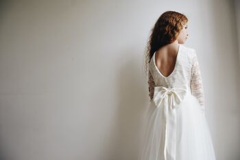 Long Sleeve Lace Flower Girl Dress – Floor Length Tulle Gown Handmade UK, 3 of 6