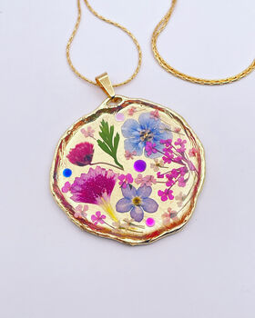 Pressed Flowers Round Gold Necklace Medium Hand Made, 6 of 11