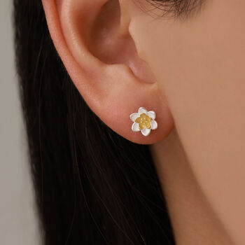 Sterling Silver Water Lily Stud Earrings With Gold Tone Centre, 6 of 11