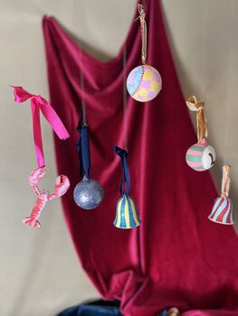 Stripped Hand Painted Ceramic Bell Bauble In Golden Yellow With Sparkly Turquoise Detail, 10 of 10