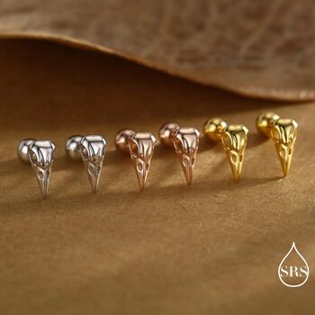 Sterling Silver Bird Skull Screw Back Earrings, 5 of 12