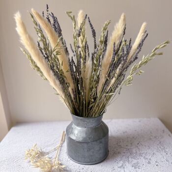 Lavender Dried Flower Arrangement In Silver Churn, 2 of 3