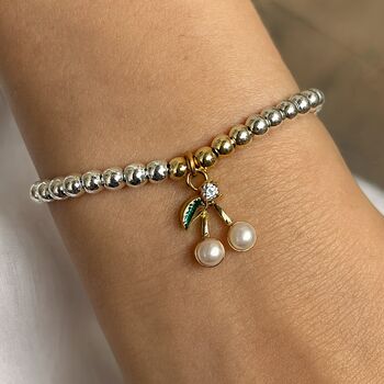 Cherry Charm Silver Stretch Bracelet, 2 of 4