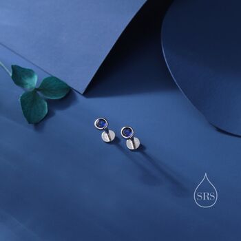 Sterling Silver Sapphire Blue Cz Bezel Internally Threaded Flat Back Earrings, 2 of 10
