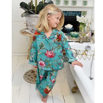 Children's Teal Exotic Flower Print Cotton Pyjamas, 2 of 4