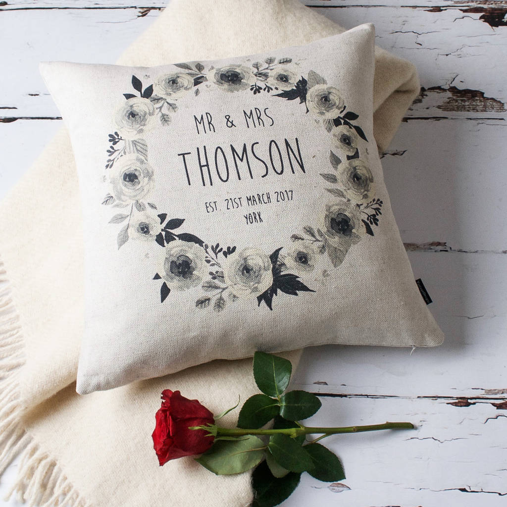 Floral Mr And Mrs Personalised Cushion Cover By Vintage Designs Reborn
