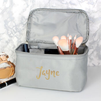 Personalised Gold Name Grey Makeup Wash Bag Vanity Case, 2 of 5