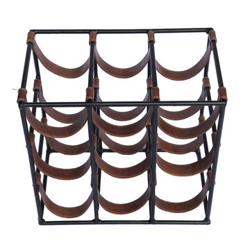 Square Leather And Metal Nine Bottle Sling Wine Rack, 4 of 8