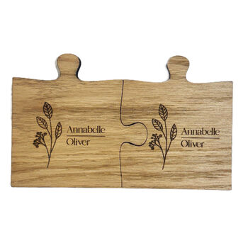 Personalised Wooden Jigsaw Engraved Coasters With Leaf Set Of Two, 2 of 4