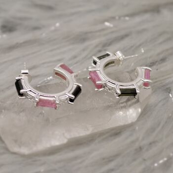 Pink, Black Tourmaline Silver Earrings, 6 of 8