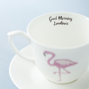 Flamingo And Message Bone China Cup And Saucer, 3 of 4