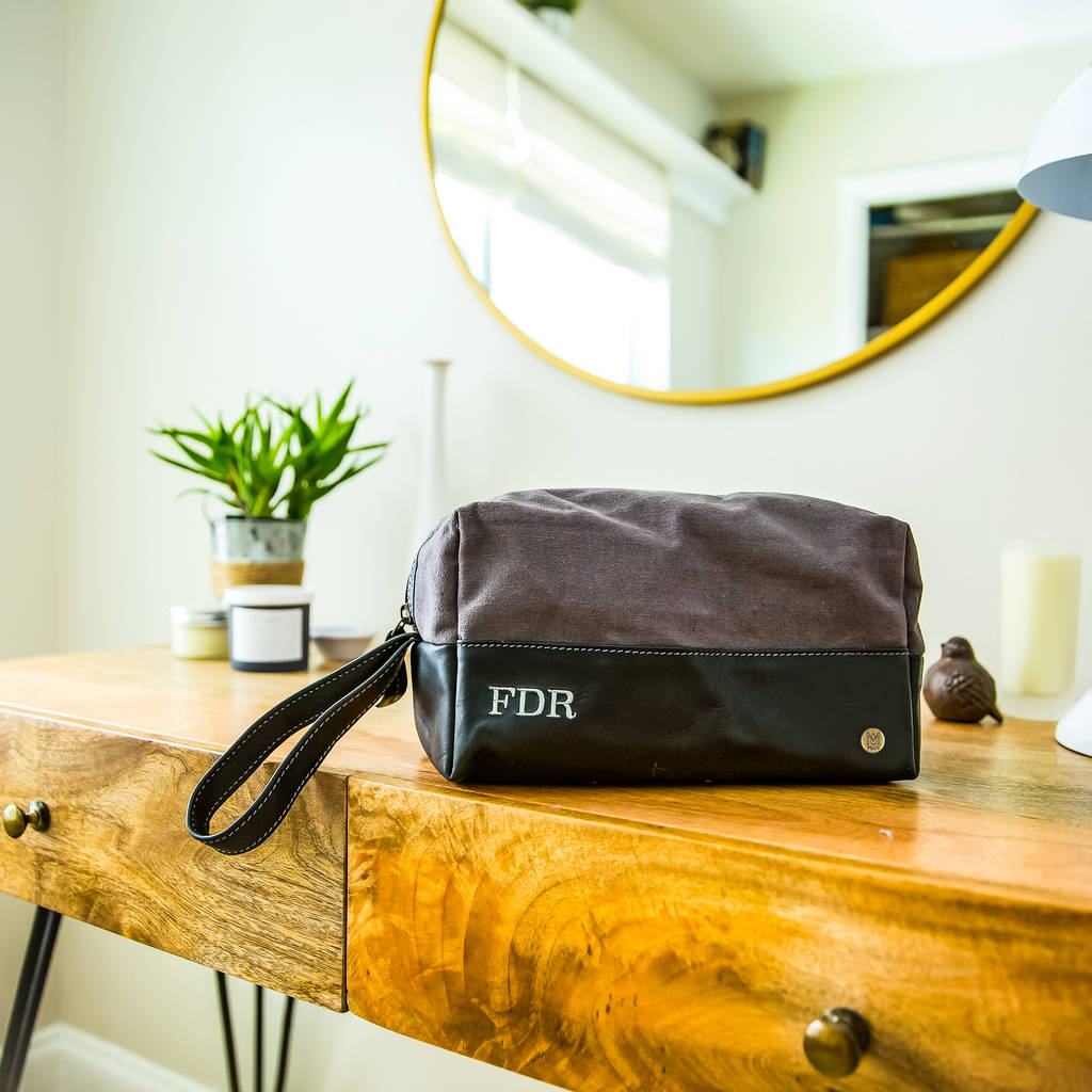 Personalised Grey Canvas And Leather Wash Bag/Dopp Kit, 1 of 8