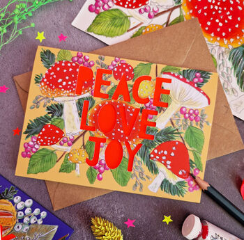 Peace Love Joy Mushroom Papercut Christmas Card, 2 of 7