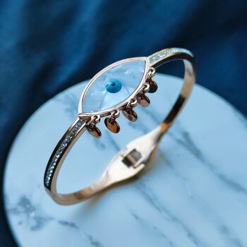 Evil Eye White Sequin 18ct Plated Gold Arm Bangle, 5 of 5