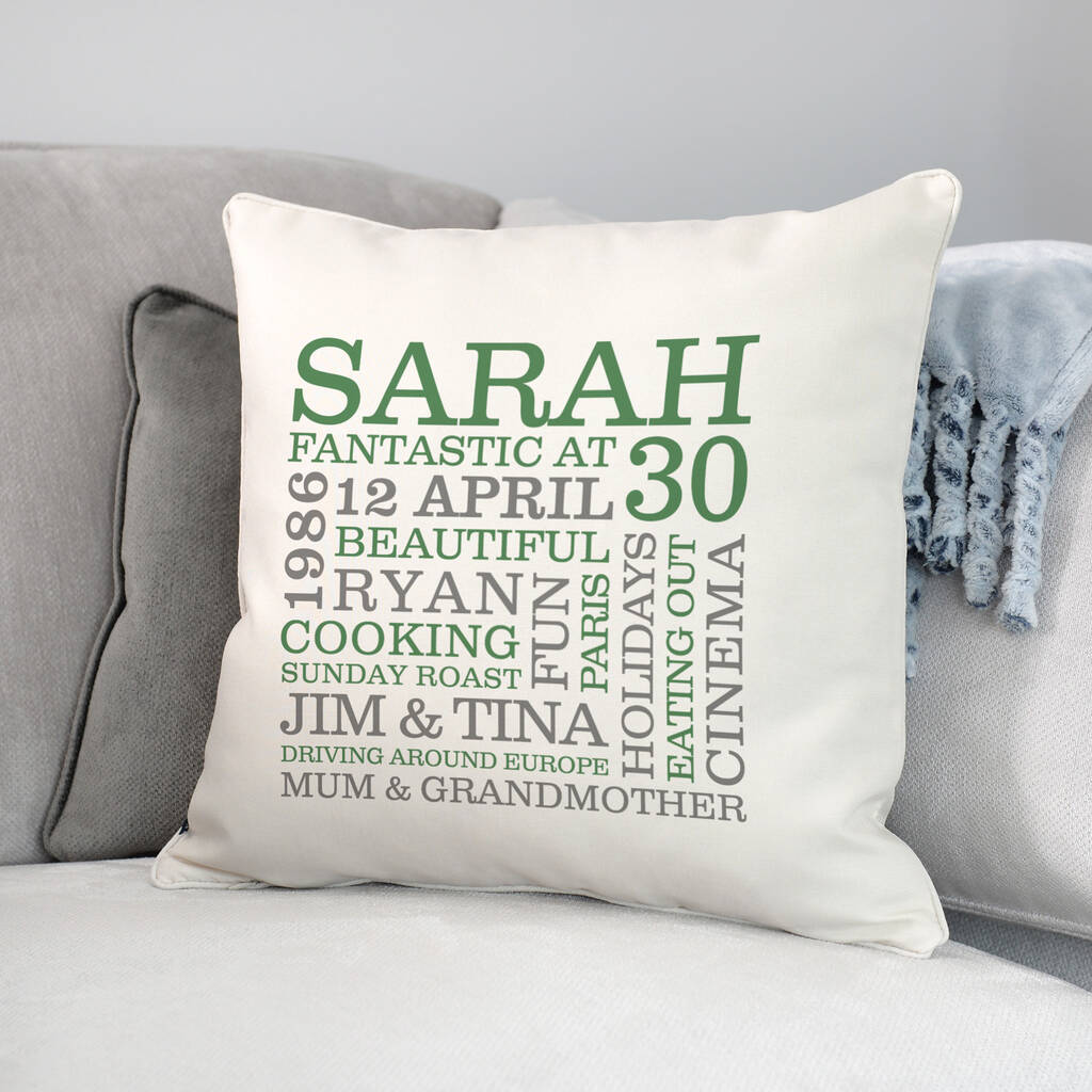 Personalised 30th Birthday Word Art Cushion By A Type Of Design