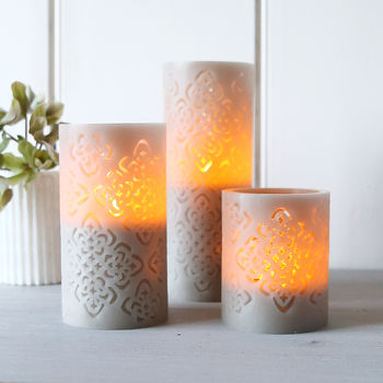 Grey Fretwork Wax Candle With LED Flame, 2 of 2