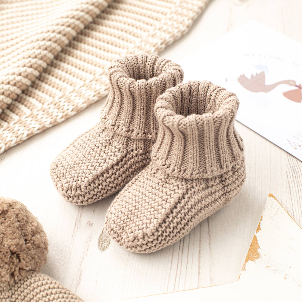 Toffee Moon Fudge Knitted Baby Booties, 1 of 12