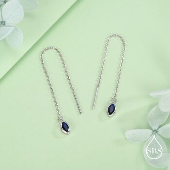 Tiny Sapphire Blue Marquise Cz Threader Earrings In Sterling Silver, 5 of 11