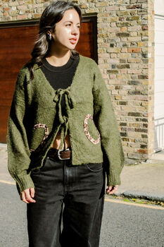 Green Tie Front Leopard Heart Cardigan, 3 of 7