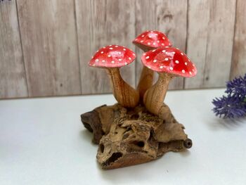 Handcrafted Red White Agaric Mushrooms On Teak Root Ornament, 5 of 6