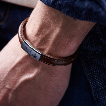 Personalised Men's Coordinates Leather And Steel Bracelet, 2 of 6