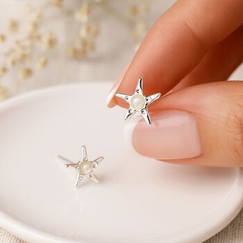 Sterling Silver Starfish Stud Earrings: Ivory Pearl Coastal Jewellery – 9mm, 2 of 8