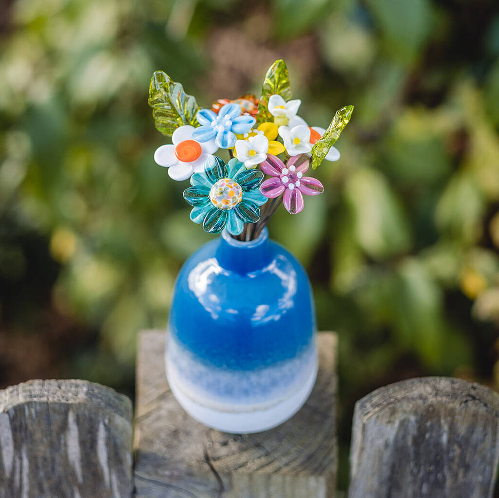 Bright Glass Flower Bouquet And Blue Ceramic Vase, 1 of 9
