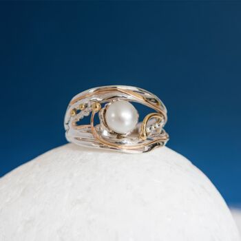 Molten Sterling Silver White Freshwater Pearl Ring, 3 of 5