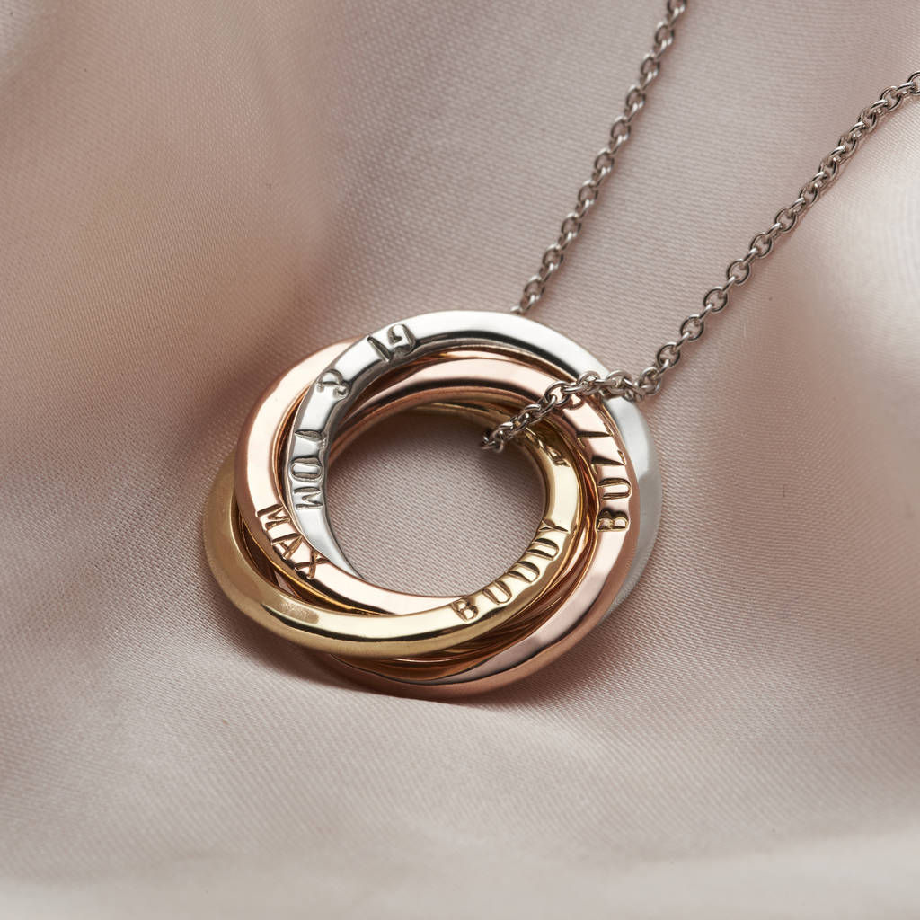 9ct Gold and Sterling Silver Russian Ring Necklace | 3 Tricolour Rings